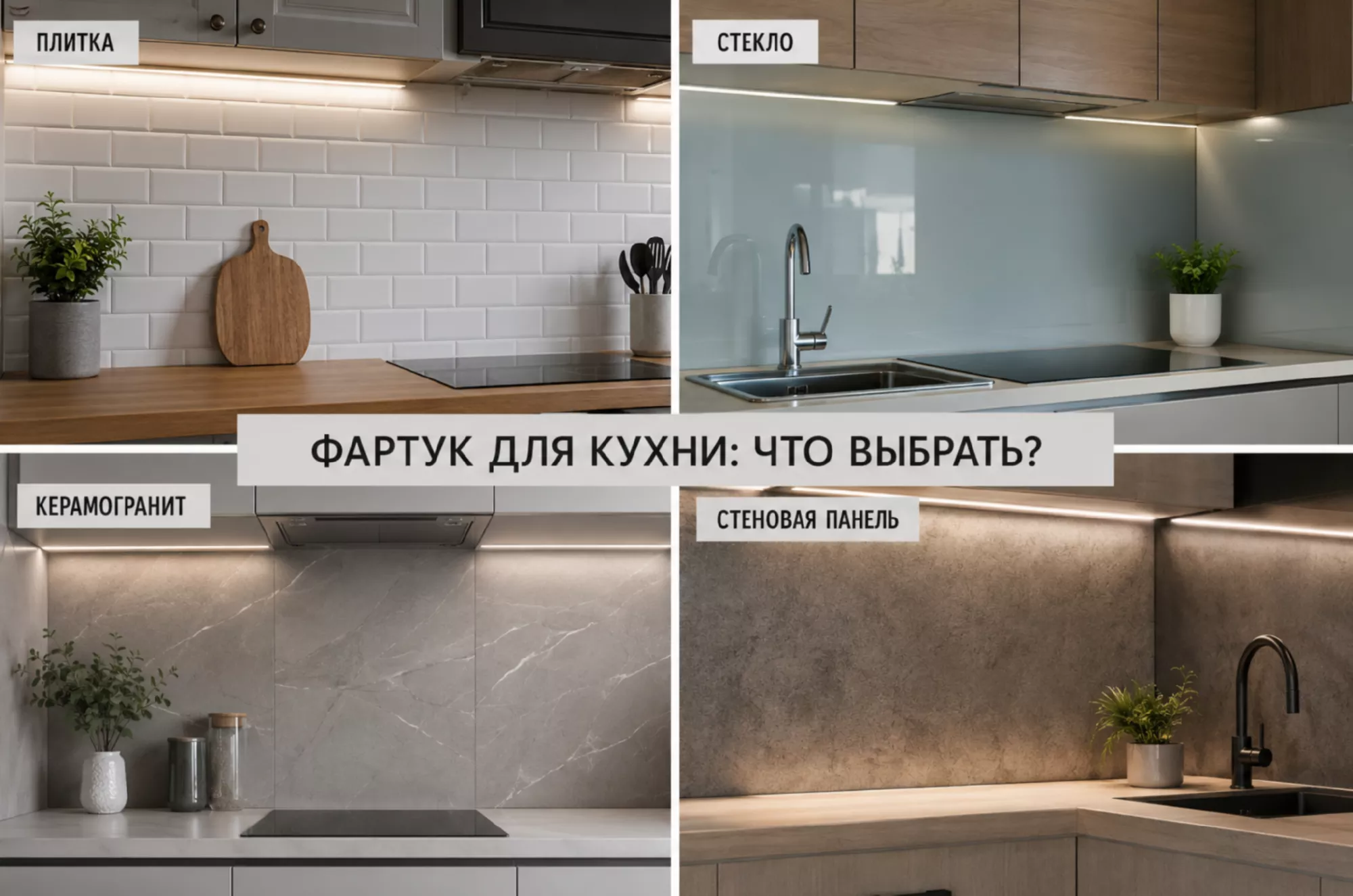 Фартук для кухни, что выбрать: плитку, стекло, керамогранит или панель 